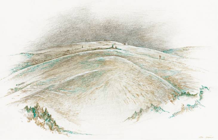 Aufziehendes Gewitter bei San Gimignano, 1988, Sepiazeichnung, 20 × 30 cm