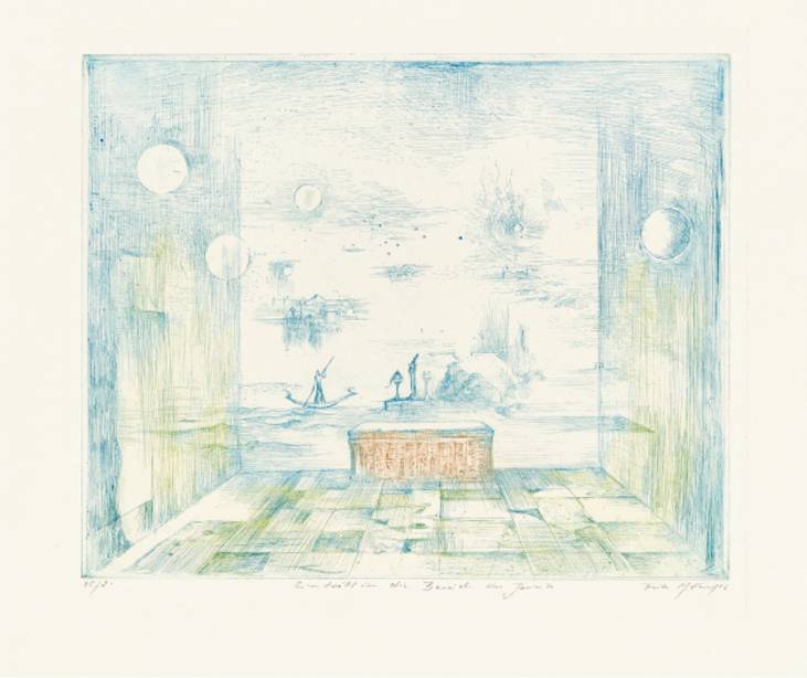 Eintritt in die Bereiche des Jenseits, 1976, Aquatintafarbradierung, 14,4 × 17,8 cm