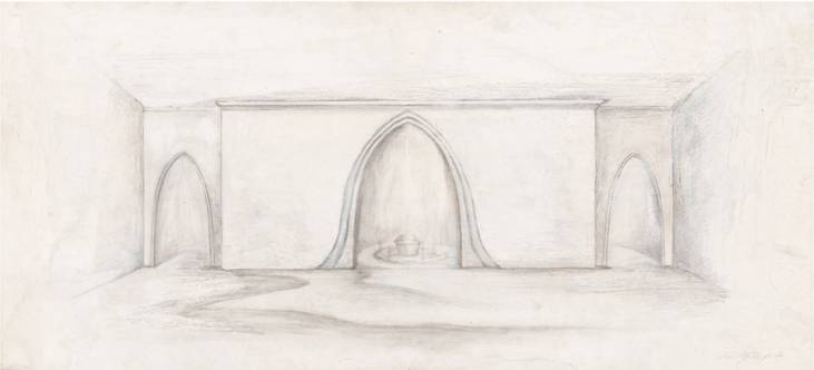 Entwurfszeichnung für das Innere der Aussegnungshalle in Eggenfelden, 1981, Beistiftzeichnung, 41 × 88 cm